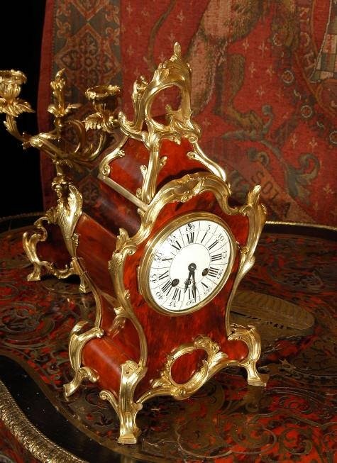 fig 4. ***** SOLD ***** Rococo Red Veneer and Ormolu Clock Set by Japy Freres French - Circa 1880 